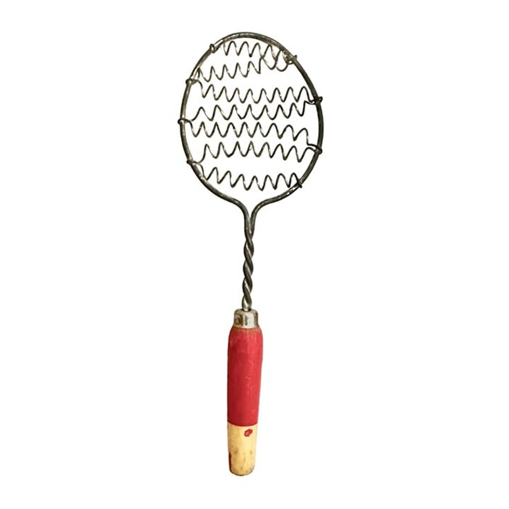 Vintage 1940's Red Wood Handle Twisted Coil Wire Whisk